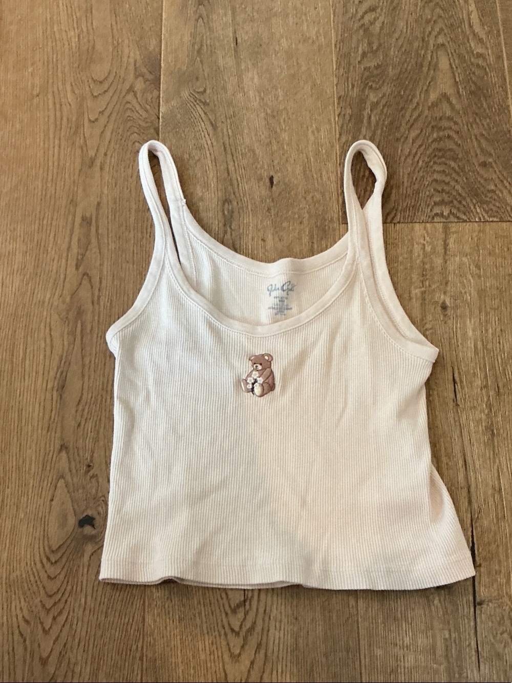 Brandy Melville Cream Ribbed Tank with Bear Embroidery